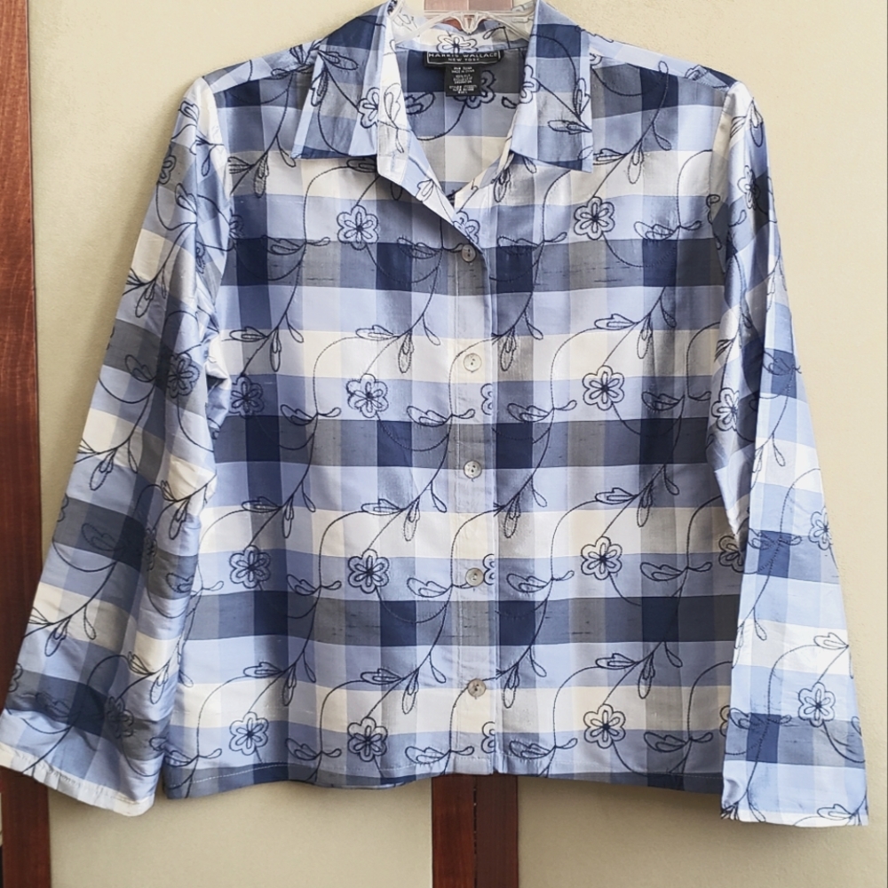 Harris Wallace New York Silk Plaid Embroidered Blouse L